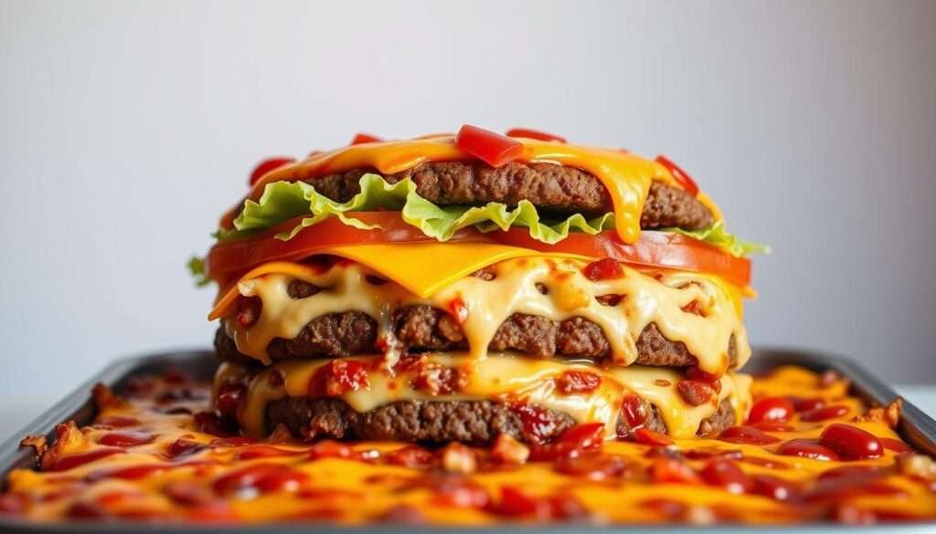A mouthwatering casserole dish, layered with juicy beef patties, melted American cheese, crisp lettuce, ripe tomatoes, and a tantalizing special sauce. The ingredients are arranged in an inviting, symmetrical pattern, bathed in warm, soft lighting that highlights their textures and colors. The casserole is presented in a modern, stainless steel baking dish, set against a minimalist, clean background that allows the dish to take center stage. An aroma of savory, comforting flavors wafts through the air, drawing the viewer in for a hearty, satisfying bite of this irresistible Big Mac Casserole.