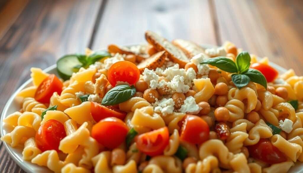 A mouthwatering display of a high-protein Italian pasta salad, captured in vibrant, appetizing detail. In the foreground, a generous serving of freshly cooked pasta in a medley of colors - fusilli, penne, and farfalle - tossed with a creamy, tangy dressing, garnished with slices of ripe cherry tomatoes, crisp cucumber, and fragrant basil leaves. The middle ground features an assortment of protein-rich ingredients - grilled chicken, chickpeas, and crumbled feta cheese - arranged harmoniously. In the background, a wooden table with a rustic, textured surface sets the scene, bathed in warm, natural lighting that enhances the dish's vibrant hues and tantalizing appeal.