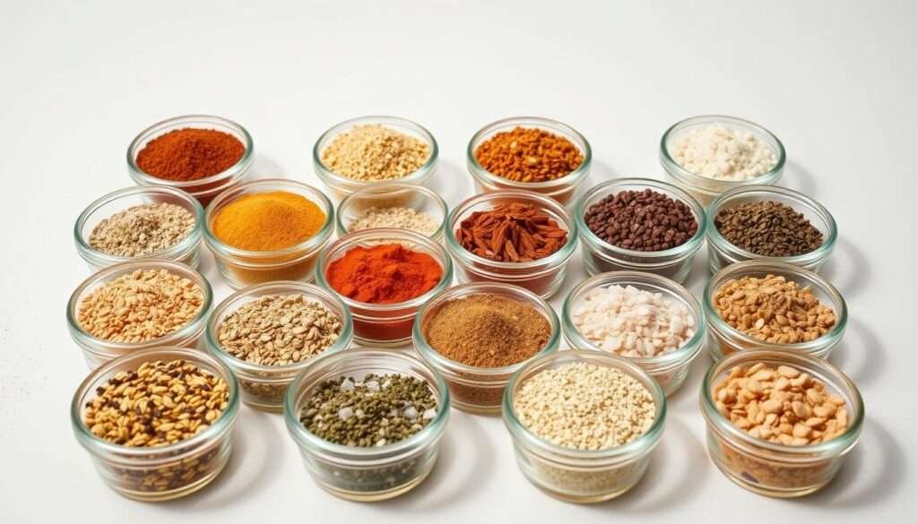 A neatly arranged assortment of various everything bagel seasoning blends, each presented in individual glass ramekins against a minimalist, light-colored backdrop. The foreground showcases the diverse array of spices and seeds that make up this flavorful seasoning, including sesame seeds, poppy seeds, garlic, onion, and sea salt. The middle ground highlights the subtle textures and contrasting colors of the spice mixtures, while the background maintains a clean, uncluttered aesthetic to allow the focus to remain on the star ingredients. Lighting is soft and diffused, casting gentle shadows that accentuate the depth and dimensionality of the scene. The overall mood is one of culinary inspiration and the promise of delicious flavor variations.