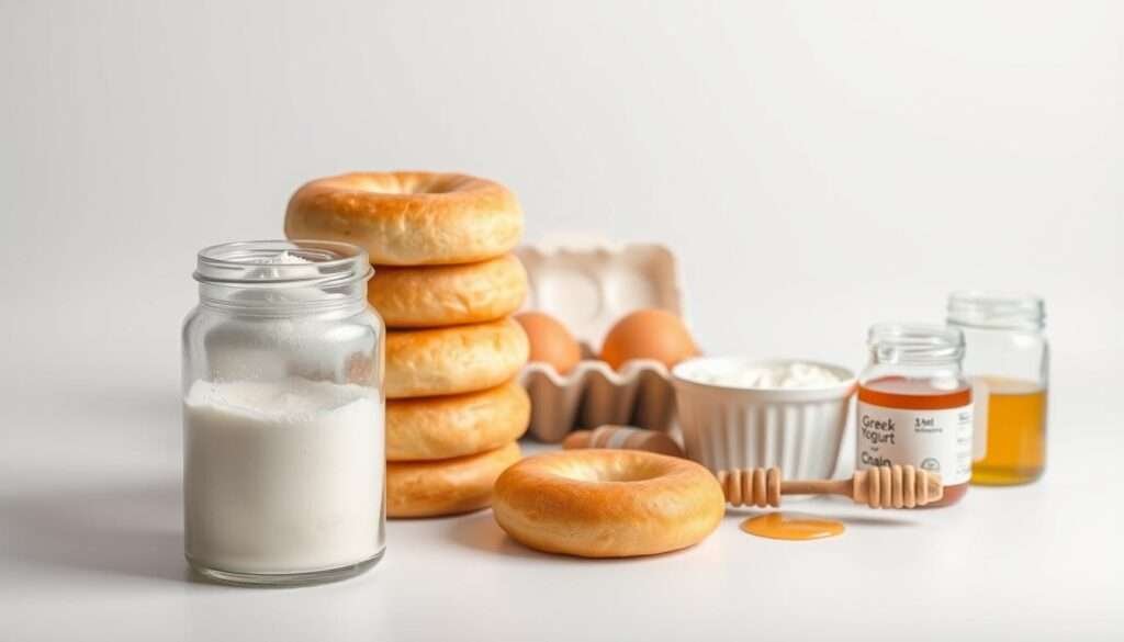 A neatly arranged checklist of ingredients for a simple protein-rich bagel recipe, displayed on a crisp, clean white background. In the foreground, a stack of fluffy, golden-brown bagels sits alongside a clear glass container filled with shimmering vanilla protein powder. In the middle ground, a selection of essential ingredients is carefully laid out, including a carton of eggs, a bowl of plain Greek yogurt, and a jar of honey. The lighting is soft and diffused, creating a bright, airy atmosphere that accentuates the natural textures and colors of the items. The overall composition is well-balanced, with a sense of order and attention to detail that reflects the simplicity and nutritional focus of the recipe.