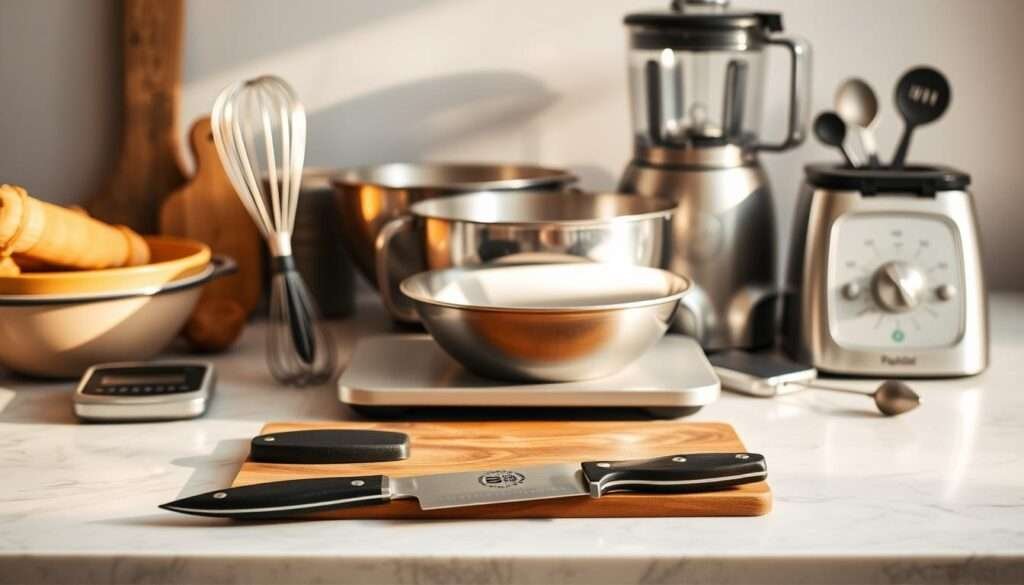 A neatly arranged collection of essential kitchen tools for meal preparation, bathed in warm, natural lighting and captured from a slightly elevated angle. In the foreground, a sharp chef's knife, a sturdy cutting board, and a precise digital scale sit atop a clean, marble-like surface. In the middle ground, a set of stainless steel mixing bowls, a handheld whisk, and a versatile spatula create a harmonious ensemble. In the background, a sleek food processor, a high-powered blender, and a set of measuring cups and spoons convey a sense of culinary efficiency and preparedness, all set against a subtle, muted backdrop that allows the tools to take center stage.