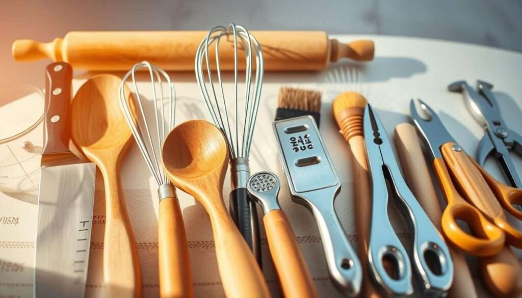 A neatly arranged collection of essential kitchen utensils and tools, basking in warm, natural lighting. In the foreground, a sharp chef's knife, a sturdy spatula, and a trusty wooden spoon stand at the ready. In the middle ground, a whisk, a set of measuring cups, and a zester glistening with metallic accents. In the background, a rolling pin, a pastry brush, and a nimble pair of kitchen shears create a harmonious composition. The overall scene exudes a sense of culinary preparedness and efficiency, befitting the "Essential Utensils and Tools" section of the "Delicious Asian Chicken Crunch Salad" article.
