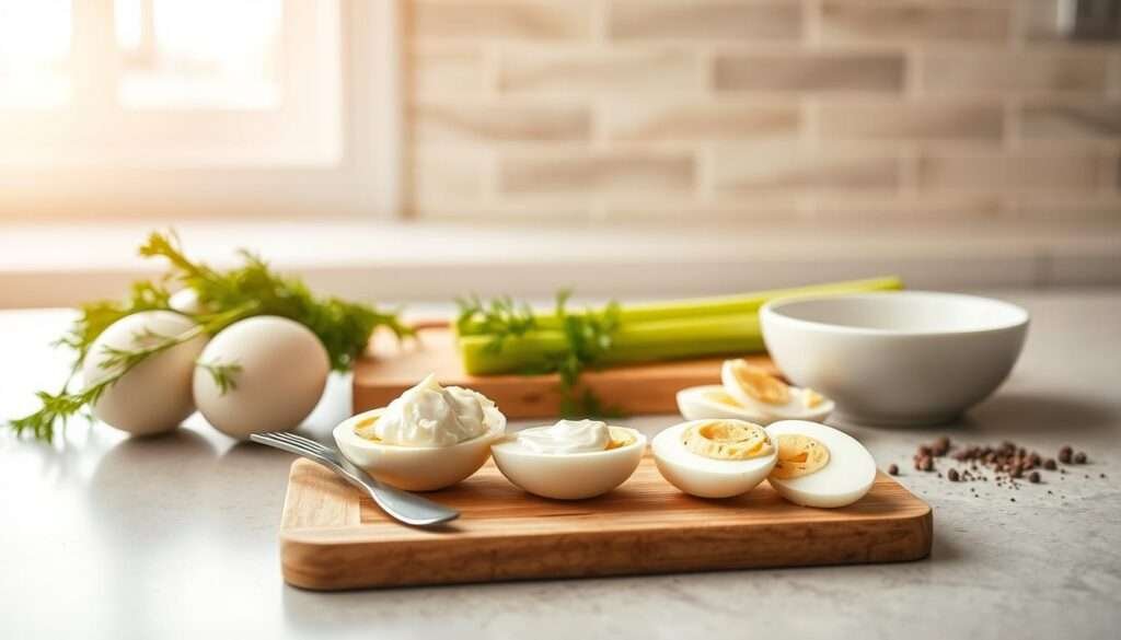 A neatly arranged composition showcasing the step-by-step process of making egg salad. In the foreground, a small cutting board holds halved hard-boiled eggs, a fork, and a dollop of creamy mayonnaise. In the middle ground, a chef's knife slices through a crisp stalk of celery, while a sprinkling of freshly chopped dill and a sprinkle of black pepper add subtle accents. The background features a clean, minimalist kitchen counter with a neutral-toned tile backsplash, bathed in warm, natural lighting from a large window. The overall scene conveys a sense of simplicity, order, and culinary expertise, perfectly suited to illustrate a step-by-step egg salad recipe.