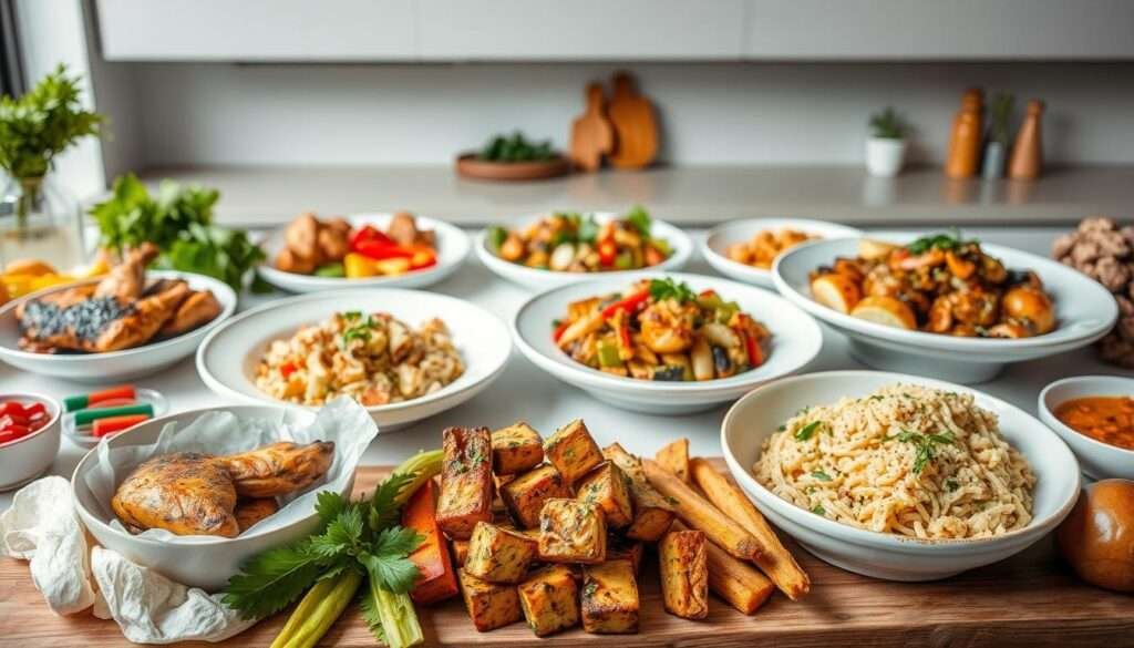 A neatly arranged display of various protein-packed meal options, showcasing a diverse range of flavors and textures. In the foreground, a selection of fresh ingredients including grilled chicken, marinated tofu, roasted vegetables, and a variety of colorful condiments and garnishes. In the middle ground, carefully plated dishes featuring the protein-based meals, each with a distinct seasoning or sauce, creating a visually appealing and mouthwatering scene. The background depicts a minimalist kitchen setting, with clean lines and natural lighting accentuating the vibrant colors and textures of the dishes. The overall mood is one of culinary exploration and a celebration of the versatility of protein-rich meals.