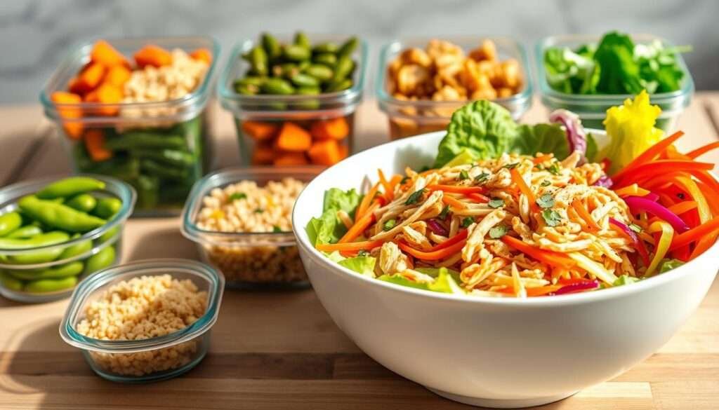 A neatly arranged protein-packed meal prep featuring a colorful Asian chicken crunch salad. In the foreground, a large white bowl showcases the vibrant medley of shredded chicken, crisp romaine lettuce, crunchy vegetables like carrots, cabbage, and bell peppers, all drizzled with a tangy Asian-inspired dressing. The middle ground features several smaller containers, each filled with complementary side dishes such as steamed edamame, quinoa, and roasted sweet potato cubes. The background is a minimalist kitchen countertop or table, bathed in warm, natural lighting that highlights the fresh, wholesome ingredients. The overall composition conveys a sense of balance, nutrition, and culinary delight, perfectly capturing the essence of the "Asian Chicken Crunch Salad" featured in the article.