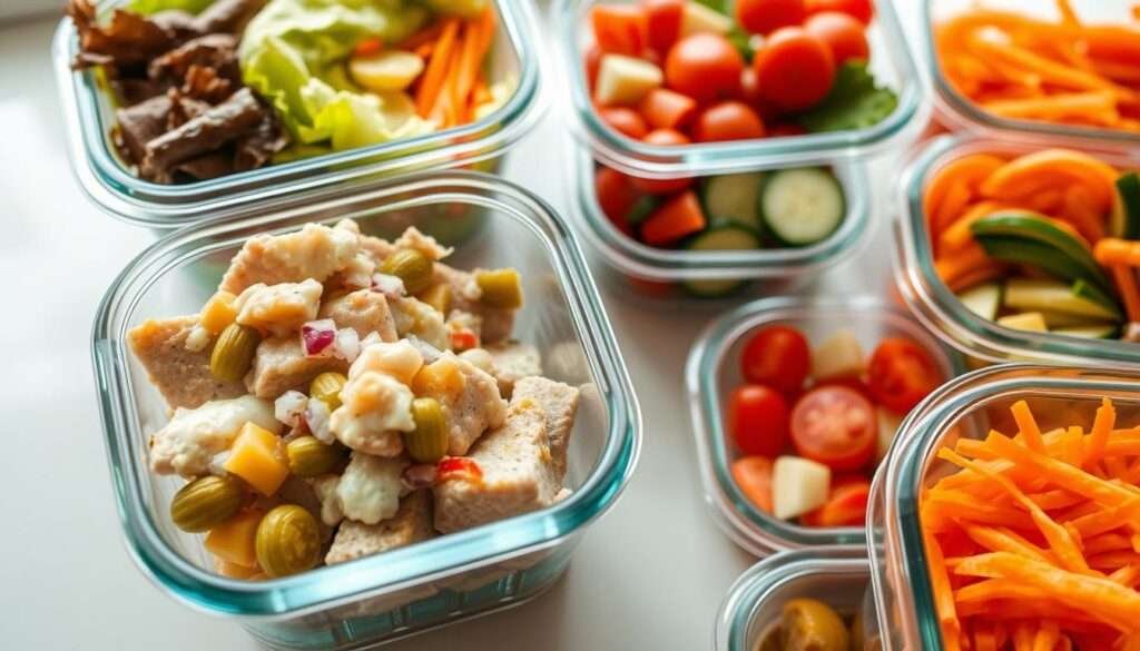 A neatly arranged set of meal prep containers, filled with a variety of fresh, colorful ingredients. In the foreground, a glass container holds marinated tuna pieces, complemented by a mix of diced pickles, diced onions, and a creamy dressing. Surrounding the tuna container are smaller compartments holding chopped lettuce, cherry tomatoes, sliced cucumbers, and shredded carrots. The containers are positioned on a clean, light-colored surface, bathed in soft, natural lighting from a window. The overall scene conveys a sense of organization, efficiency, and a healthy, balanced meal-prepping routine.
