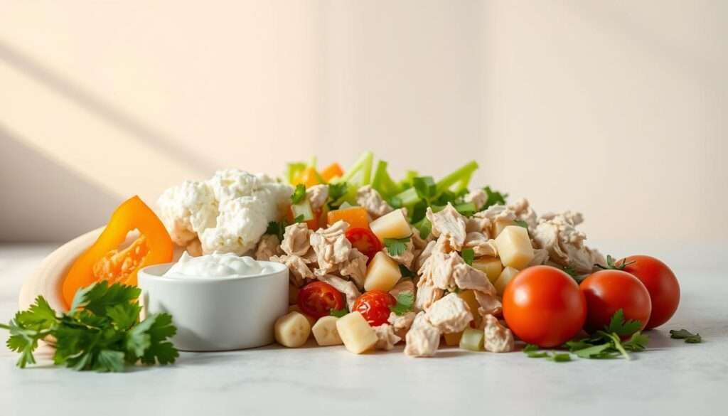 A neatly arranged still life composition of cottage cheese, shredded chicken, banana peppers, diced celery, halved grape tomatoes, and chopped parsley leaves. The ingredients are set against a neutral, minimalist backdrop, casting soft shadows and illuminated by warm, natural lighting from a window. The camera angle is slightly elevated, providing a visually appealing and appetizing presentation of the salad components. The overall mood is clean, fresh, and inviting, capturing the essence of a healthy, high-protein meal.
