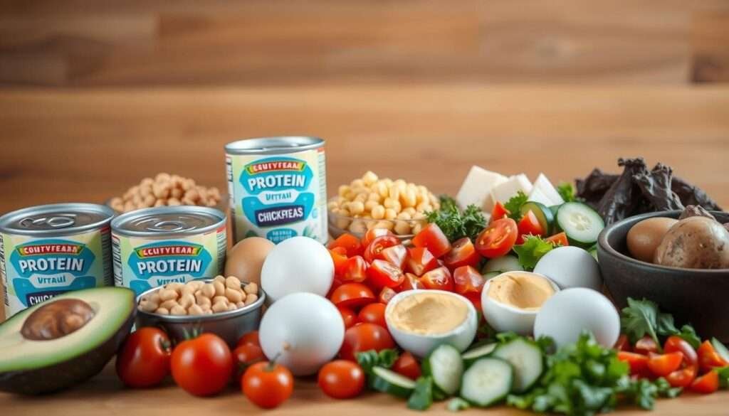 A neatly arranged still life composition showcasing an array of customizable protein and vegetable options. In the foreground, an assortment of fresh ingredients including tuna cans, canned chickpeas, boiled eggs, and sliced avocado. In the middle ground, a variety of chopped vegetables such as cherry tomatoes, cucumber slices, and leafy greens. The background features a wooden table or surface, with soft, warm lighting casting a natural, inviting glow. The overall scene conveys a sense of healthy, balanced, and personalized meal preparation, suitable for a protein-packed tuna pasta salad.