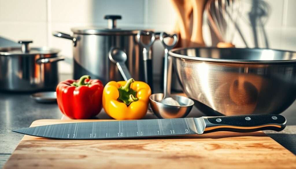 A neatly arranged still life of essential kitchen tools for preparing unstuffed pepper bowls. In the foreground, a sharp chef's knife, a sturdy cutting board, and a stainless steel mixing bowl. In the middle ground, a vegetable peeler, a garlic press, and a measuring spoon set. In the background, a saucepan, a wooden spoon, and a wire whisk, all bathed in warm, natural lighting that casts subtle shadows, creating depth and texture. The overall mood is one of culinary preparedness and efficiency, hinting at the flavorful and satisfying meal to come.