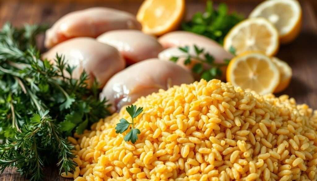 A neatly arranged still life showcasing the essential ingredients for a delectable chicken orzo dish. In the foreground, a pile of uncooked orzo pasta grains, their golden hue glistening under warm, natural lighting. Surrounding the pasta, an assortment of fresh herbs - fragrant rosemary, thyme, and parsley - their lush green leaves contrasting beautifully. In the middle ground, several whole chicken breasts, their tender white flesh ready to be seared and shredded. In the background, a handful of sliced lemons, their vibrant yellow rinds adding a zesty accent. The overall composition exudes a rustic, earthy ambiance, perfectly capturing the components needed to craft a flavorful, high-protein chicken orzo meal.