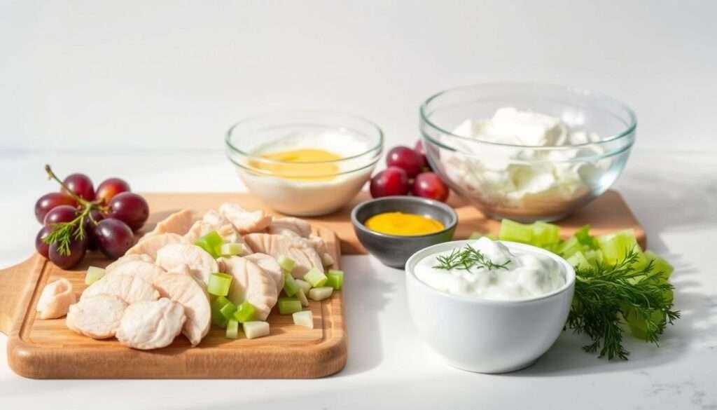 A neatly arranged still life showcasing the essential ingredients for a healthy and delectable chicken salad with Greek yogurt. In the foreground, a cutting board displays sliced poached chicken, diced celery, and halved grapes, all bathed in warm, natural lighting. In the middle ground, a glass bowl overflows with creamy Greek yogurt, complemented by a small bowl of Dijon mustard and a sprinkling of freshly chopped dill. The background features a crisp, white backdrop, emphasizing the vibrant colors and textures of the ingredients. The overall scene conveys a sense of simplicity, quality, and culinary expertise, perfectly reflecting the "Exact Ingredients You'll Need" for this nutritious and flavorful chicken salad.