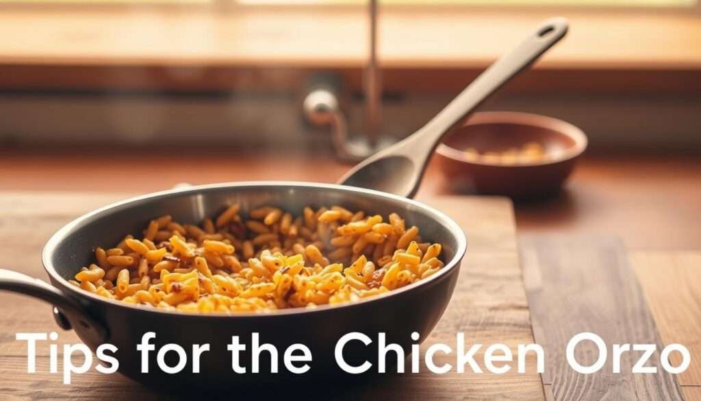 A neatly arranged wooden kitchen counter, bathed in warm, golden light. In the foreground, a stainless steel skillet sizzles, filled with glistening golden-brown orzo grains, their edges toasted to perfection. The aroma of toasted nuts and herbs fills the air, hinting at the flavor to come. In the middle ground, a wooden spoon gently stirs the grains, ensuring even browning. The background features a clean, minimalist backdrop, allowing the star of the scene - the toasted orzo - to take center stage. The overall mood is one of culinary expertise and attention to detail, perfectly capturing the essence of "Tips for the Best Chicken Orzo".