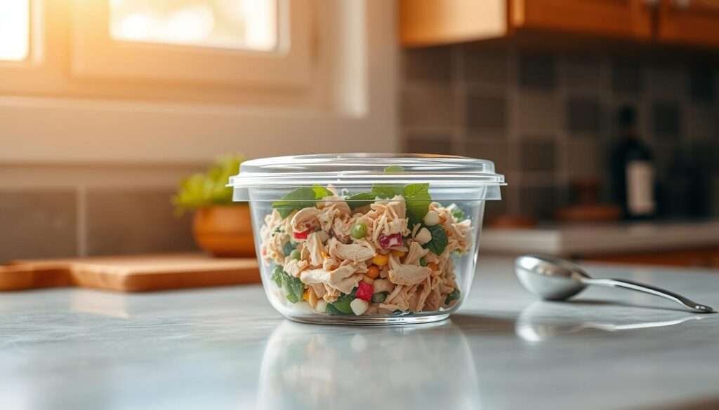 A neatly organized kitchen counter, bathed in warm, natural light from a nearby window. At the center, a freshly prepared chicken salad mixture sits in a sleek, transparent airtight container. The container's lid is securely fastened, locking in the salad's flavors and preventing air exposure. The salad itself appears vibrant, with shredded chicken, crisp vegetables, and a creamy, yogurt-based dressing. Surrounding the container, a few simple kitchen tools, such as a cutting board and a mixing spoon, suggest the care and attention put into the dish's preparation. The overall scene conveys a sense of tidiness, health-consciousness, and the desire to preserve the freshness of a delicious homemade meal.