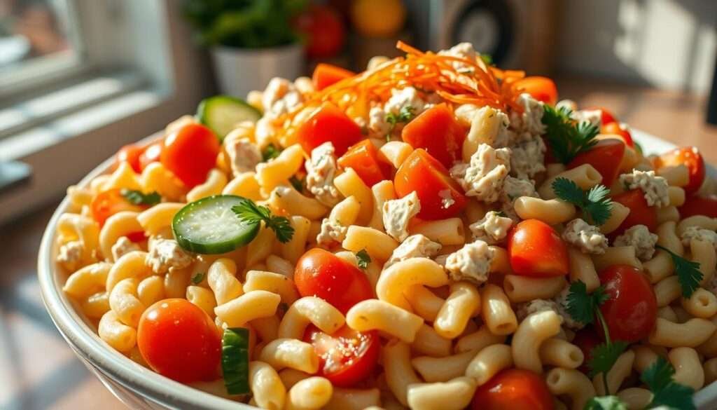 A nourishing tuna pasta salad overflows with vibrant ingredients in a sun-dappled kitchen. Tender elbow macaroni nestles alongside juicy cherry tomatoes, crisp cucumber slices, and flakes of protein-rich tuna. A light, creamy dressing coats the medley, accented by the fresh tang of lemon and dill. Garnished with shredded carrots and a scattering of chopped parsley, the salad glistens under soft, natural lighting, captured at a three-quarter angle to highlight its hearty, wholesome appeal. This visually appetizing, nutrient-dense dish embodies the easy deliciousness of a quick, healthy tuna pasta salad.