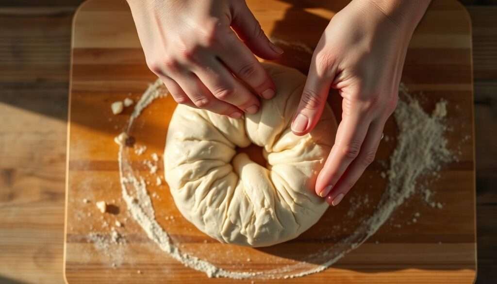 A person's hands kneading and folding freshly made bagel dough on a wooden cutting board, viewed from above with a tight, close-up framing. The dough is a soft, pliable texture with visible air pockets and a light golden hue. Warm, natural lighting from the side casts soft shadows, highlighting the intricate hand motions and the tactile quality of the dough. The background is blurred, keeping the focus on the hands and the dough-making process. The scene conveys a sense of care, attention to detail, and the satisfying, therapeutic nature of working with homemade bread dough.