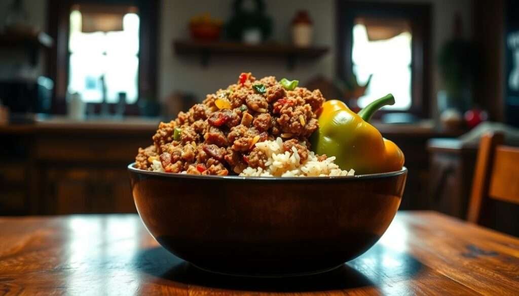 A savory, time-saving unstuffed pepper bowl, showcased in a warm, rustic kitchen setting. A wooden table holds a generous serving of the dish, featuring vibrant bell peppers, juicy ground beef, fluffy rice, and aromatic spices. Soft natural lighting illuminates the scene, casting a cozy glow. The composition draws the eye to the hearty, flavorful contents, enticing the viewer to experience the satisfying ease of this wholesome meal. A sense of comfort and homemade goodness pervades the image, capturing the essence of why this unstuffed version surpasses the traditional stuffed pepper.
