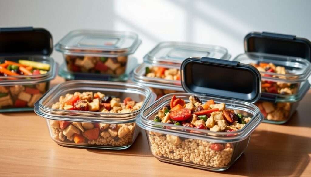 A set of glass or clear plastic meal prep containers arranged on a wooden table, their lids open to reveal neatly portioned meals. The containers are filled with colorful, nutrient-dense ingredients like roasted vegetables, grains, and lean protein. Soft, natural lighting illuminates the scene, casting gentle shadows and highlighting the clean, organized presentation. The containers are positioned in the foreground, with a minimalist background that emphasizes their functionality and practicality. The overall mood is one of efficiency, healthfulness, and meal-planning preparedness, reflecting the "Storage and Reheating Tips" section of the article.