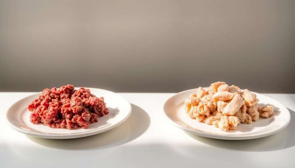 A sleek, minimalist tabletop scene with two equal-sized plates holding neatly arranged mounds of ground beef and ground turkey, arranged side-by-side under warm, directional lighting that casts subtle shadows. The plates are set against a neutral background, allowing the colors and textures of the proteins to take center stage. The composition emphasizes the visual contrast and comparison between the two options, inviting the viewer to consider the differences in appearance, consistency, and potential culinary applications.