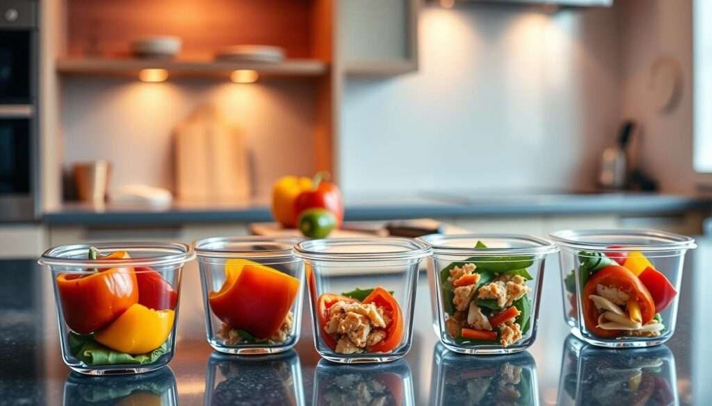 A sleek, modern kitchen countertop with neatly arranged meal prep containers in the foreground. The containers are transparent, showcasing the vibrant colors of the unstuffed pepper bowls inside. Soft, warm lighting illuminates the scene, creating a cozy, inviting atmosphere. The containers are positioned at a slight angle, creating a dynamic composition. In the middle ground, a cutting board with a knife and a few fresh bell peppers hint at the meal preparation process. The background is blurred, keeping the focus on the carefully curated meal prep setup.