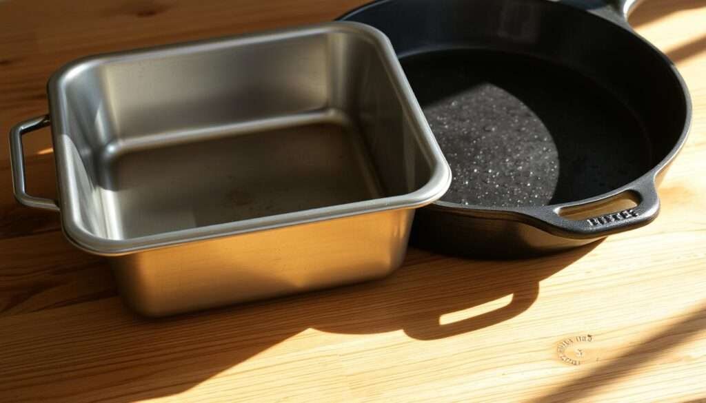 A stainless steel baking dish and cast iron skillet sit atop a natural wood surface, casting warm shadows under soft, directional lighting. The baking dish, slightly tarnished from use, reflects the gleam of the skillet's polished exterior. Droplets of condensation cling to the surfaces, hinting at recent culinary activity. The overall scene conveys a sense of rustic, homely charm - the essential tools of the kitchen, ready to facilitate the creation of comforting, delicious meals.