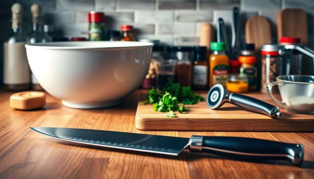 A stylish wooden countertop with a selection of essential kitchen tools for preparing unstuffed pepper bowls. In the foreground, a sharp chef's knife, a sturdy cutting board, and a garlic press gleam under warm, directional lighting. In the middle ground, a large mixing bowl, a vegetable peeler, and a measuring cup stand ready. In the background, a neatly arranged array of spices, herbs, and other seasonings create a visually appealing and organized mise en place. The overall scene conveys a sense of culinary expertise and efficiency, perfectly suited for the "Essential Tools and Utensils" section of the "Meal Prep Unstuffed Pepper Bowls" article.