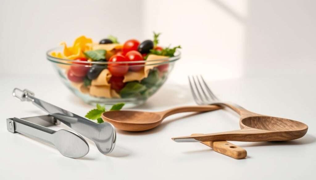 A stylishly arranged spread of high-quality pasta salad preparation tools on a neutral, minimalist background. In the foreground, a set of stainless steel tongs, a wooden spoon, and a large serving fork rest elegantly on a crisp white surface. In the middle ground, a glass bowl filled with colorful, fresh ingredients such as cherry tomatoes, olives, and herbs casts soft shadows. Backlighting from a diffused light source creates a warm, inviting atmosphere, highlighting the textures and colors of the utensils and ingredients. The entire scene is captured with a clean, professional-grade camera lens, emphasizing the premium quality and thoughtful presentation of the tools needed to craft a delectable Italian pasta salad.