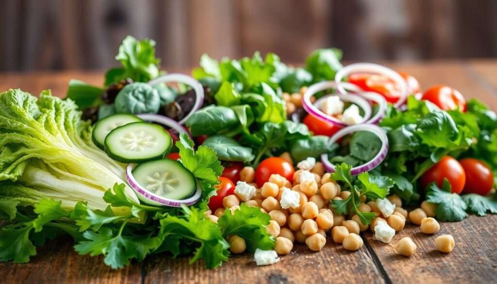 A vibrant arrangement of fresh salad ingredients on a rustic wooden table, illuminated by soft, natural lighting. In the foreground, an assortment of crisp, leafy greens, including romaine lettuce, spinach, and arugula, along with sliced cucumber, cherry tomatoes, and thin-sliced red onion. In the middle ground, a scattering of chickpeas and crumbled feta cheese, adding texture and flavor. The background features a subtle, out-of-focus backdrop, hinting at a serene, countryside setting. The overall composition is visually appealing, conveying the freshness and simplicity of the perfect salad ingredients.