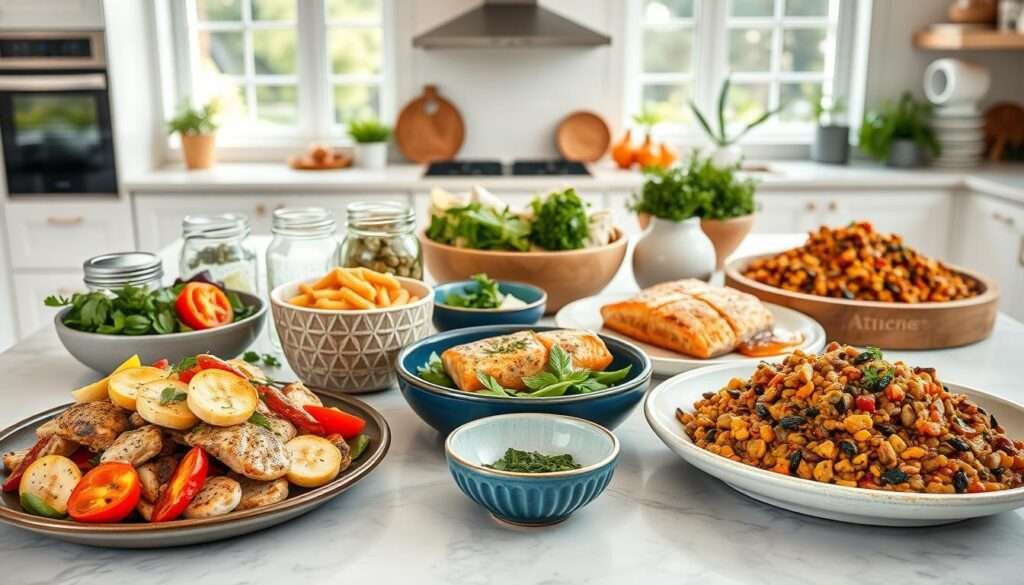 A visually appealing arrangement of diverse protein-rich meal serving ideas in a bright, airy kitchen setting. In the foreground, a variety of protein-packed dishes are elegantly presented - a savory chicken salad with banana peppers, grilled salmon fillets, and a hearty lentil stew. The middle ground features creative serving vessels like mason jars, ceramic bowls, and wooden platters. The background showcases a well-equipped kitchen with clean white countertops, fresh herbs, and natural light streaming in through large windows, creating an inviting, appetizing atmosphere.