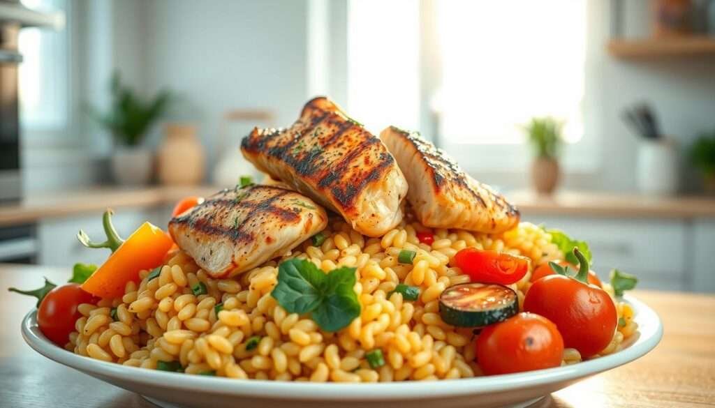 A visually appealing high-protein meal featuring juicy chicken, tender orzo pasta, and a variety of fresh, vibrant vegetables. The scene is set against a bright, airy kitchen backdrop, with natural light streaming in through large windows. The plate is artfully arranged, with the orzo pasta forming a base, topped with grilled chicken, and surrounded by a colorful assortment of roasted vegetables such as bell peppers, zucchini, and cherry tomatoes. The lighting is soft and warm, creating a welcoming, appetizing atmosphere. The overall composition is well-balanced, with a harmonious color palette and a visually striking presentation that showcases the dish's nutritious and delicious qualities.
