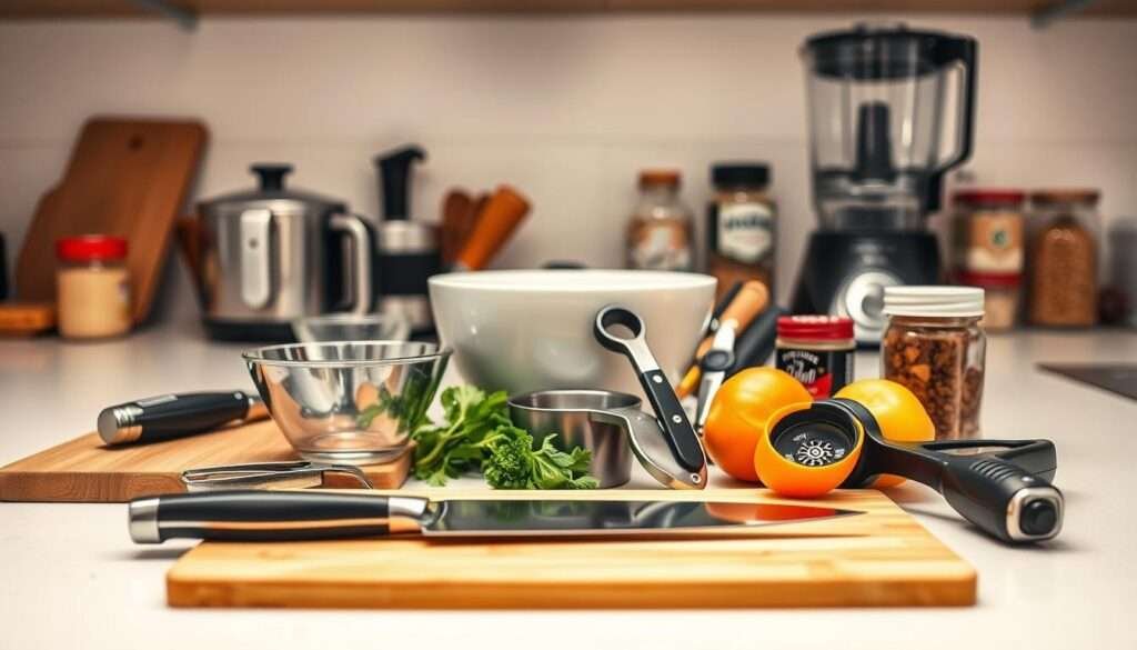 A well-lit kitchen counter displaying an assortment of essential meal prep tools. In the foreground, a cutting board, chef's knife, and vegetable peeler stand out. In the middle ground, a mixing bowl, measuring cups, and a can opener create a sense of order. In the background, a food processor, blender, and spice jars add depth and functionality. The scene is illuminated by soft, natural lighting, creating a warm and inviting atmosphere. The tools are arranged in a visually appealing and practical manner, reflecting the care and attention required for thoughtful meal preparation.