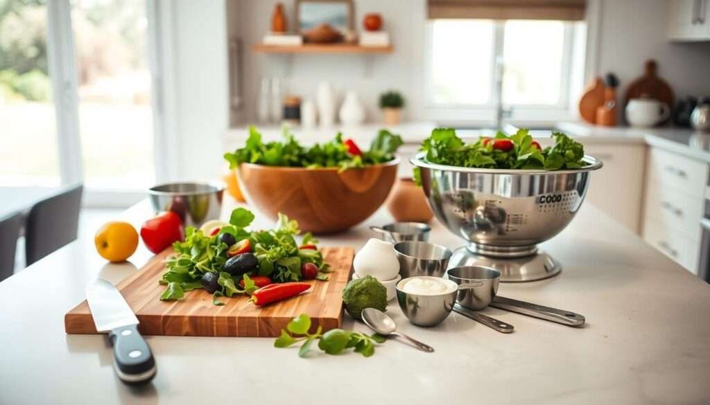 A well-lit kitchen counter with a crisp, clean surface. In the foreground, an assortment of fresh salad ingredients and essential tools neatly arranged: a sharp chef's knife, a sturdy wooden cutting board, a colander for rinsing greens, a salad spinner to dry them, and a set of measuring cups and spoons. In the middle ground, a large bowl for tossing the salad, and a small bowl for mixing dressings. In the background, a bright window allows natural light to pour in, creating a warm, inviting atmosphere. The overall scene conveys a sense of organization, efficiency, and the joy of preparing a fresh, healthy meal.