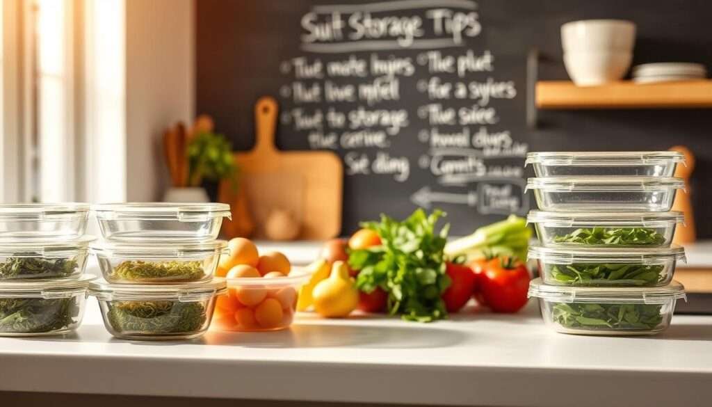A well-organized kitchen counter, bathed in warm, natural lighting. In the foreground, neatly stacked glass meal prep containers, their lids gleaming. Midground, a selection of fresh produce and herbs, arranged with care. In the background, a chalkboard wall displays thoughtful storage tips, conveying a sense of intentionality and efficiency. The overall scene radiates a serene, minimalist aesthetic, inspiring viewers to approach their meal prep with the same level of organization and attention to detail.