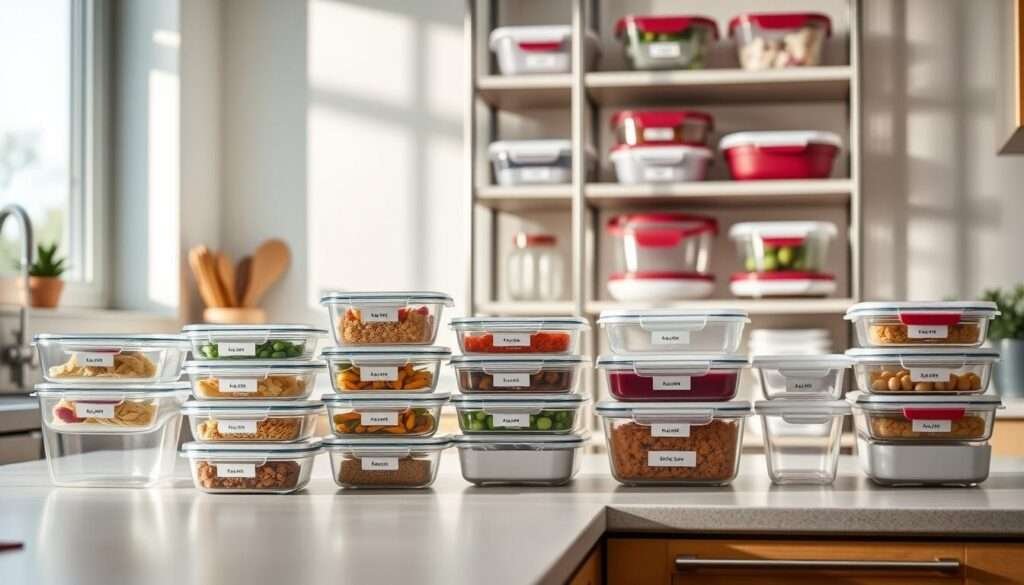 A well-organized kitchen counter showcases an assortment of glass meal prep containers in various sizes, stacked neatly and labeled for easy identification. The containers are illuminated by soft, natural lighting filtering in through a nearby window, casting a warm, inviting glow. In the background, a sleek, minimalist shelving unit displays additional storage solutions, including stackable containers, reusable silicone bags, and airtight jars, all in a cohesive color palette that complements the modern, efficient kitchen aesthetic. The arrangement conveys a sense of organization, practicality, and a commitment to meal prepping and healthy eating.