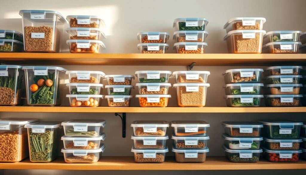 A well-organized meal prep station with clear plastic storage containers, labeled and stacked neatly on wooden shelves. Soft, natural lighting illuminates the scene, highlighting the textures and colors of the containers. The shelves are positioned against a minimalist backdrop, allowing the storage solutions to be the focal point. The composition emphasizes the importance of efficient, visually appealing meal prep organization, conveying a sense of order and preparedness. The overall mood is calm, practical, and inspiring, encouraging the viewer to optimize their own meal prep setup.