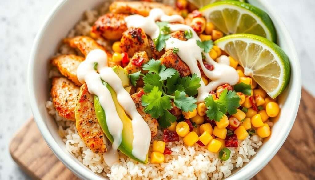 Assembled Street Corn Chicken Rice Bowl ready to serve