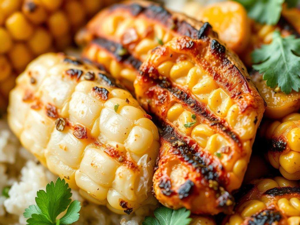 Close-up of Street Corn Chicken Rice Bowl ingredients showing charred corn and seasoned chicken