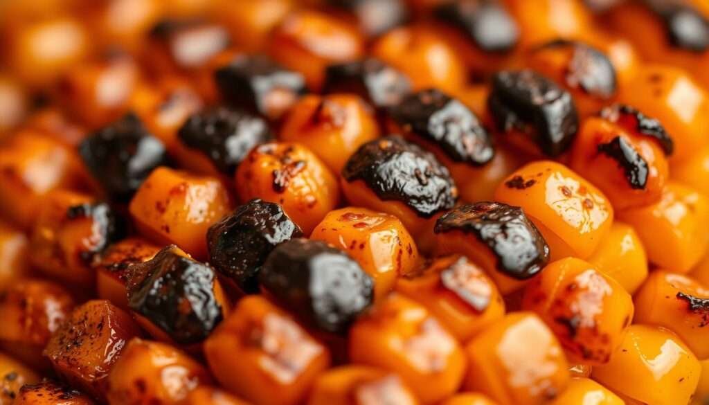 Close-up of perfectly charred corn for Street Corn Chicken Rice Bowl