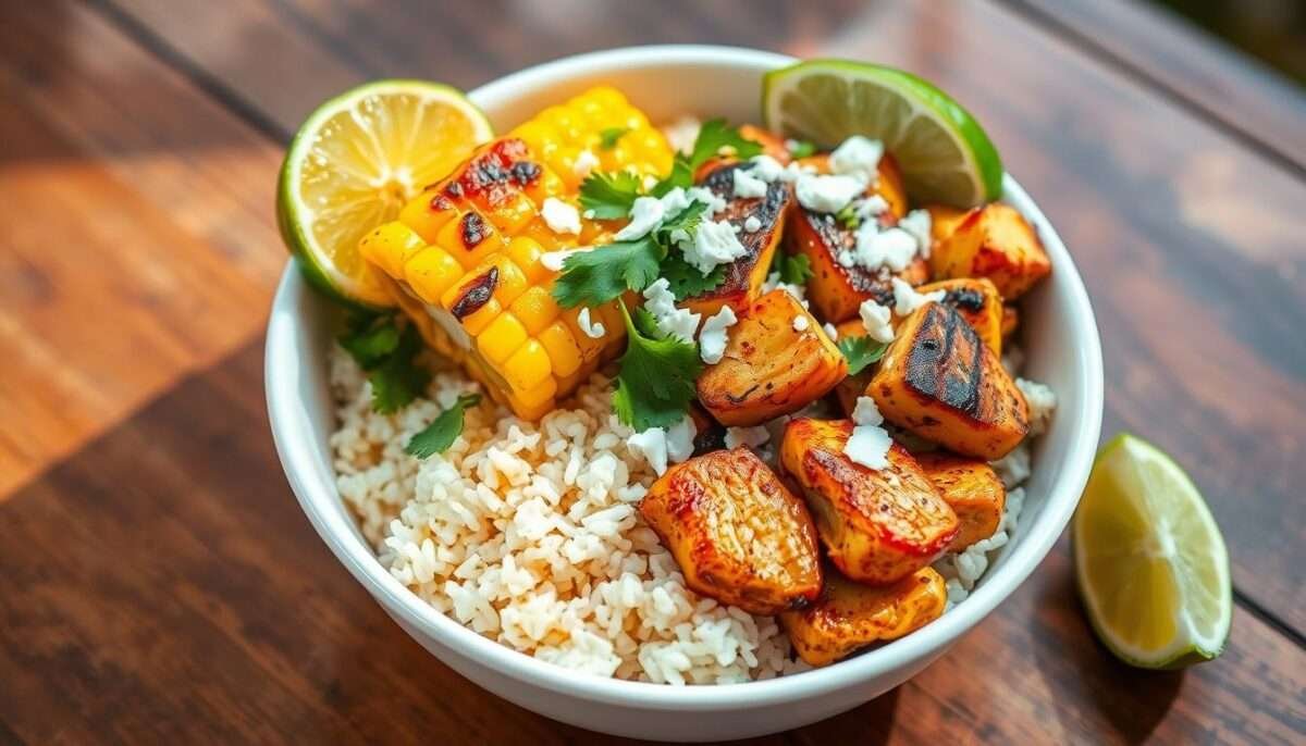 Colorful Street Corn Chicken Rice Bowl with grilled corn, seasoned chicken, and lime crema