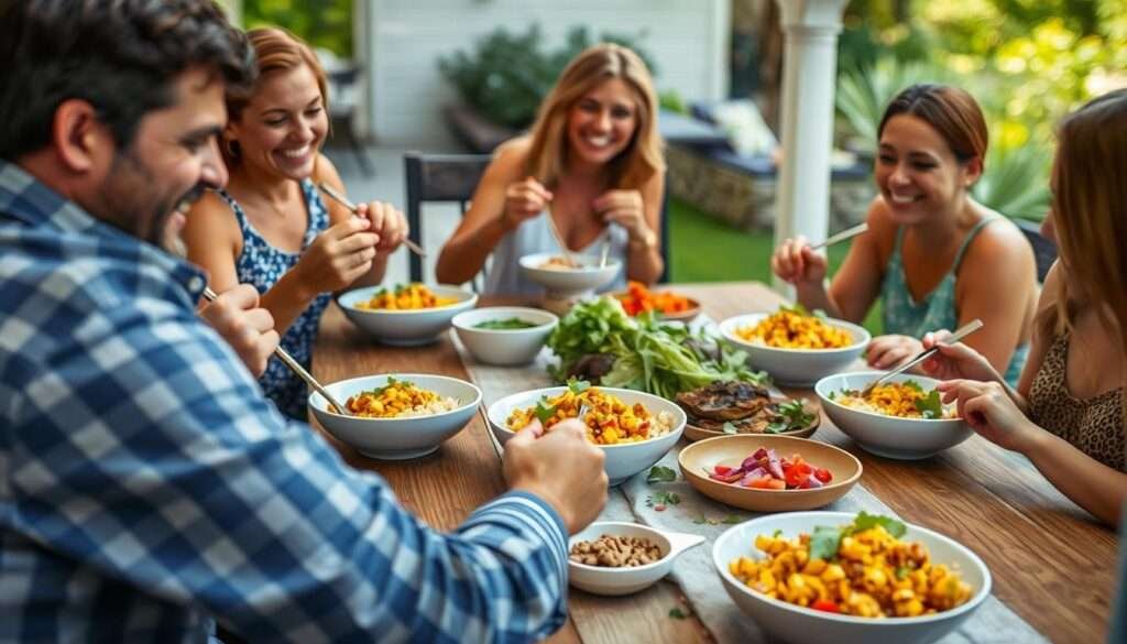 Family enjoying Street Corn Chicken Rice Bowls at outdoor summer dinner