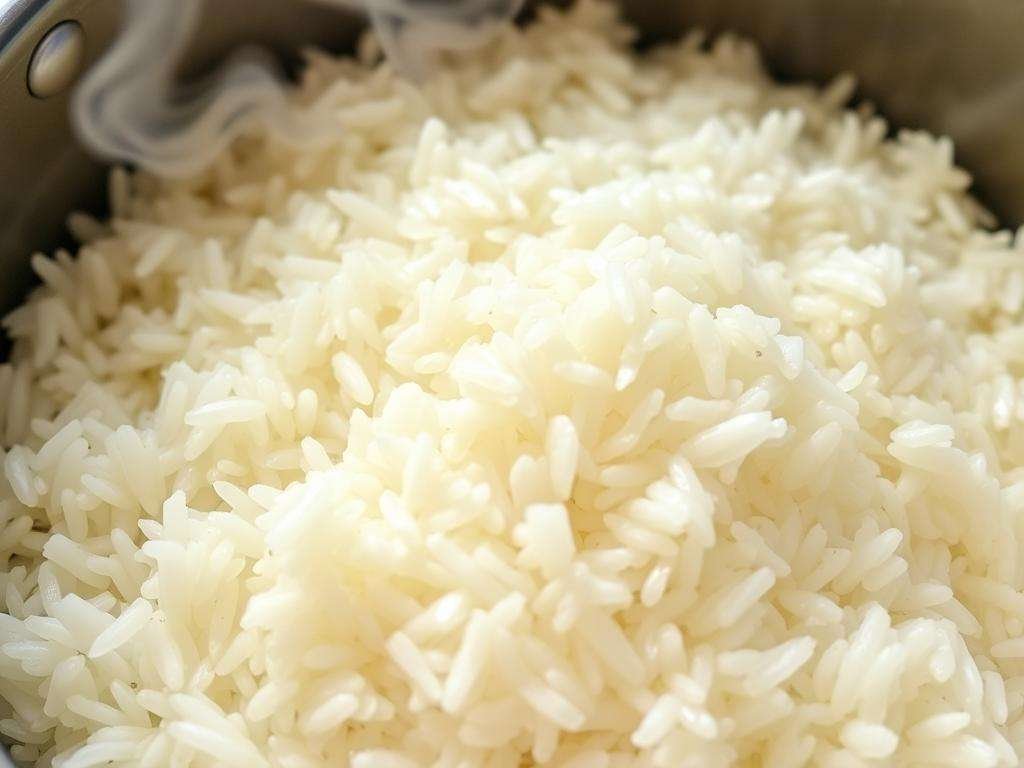 Fluffy cooked jasmine rice in a pot