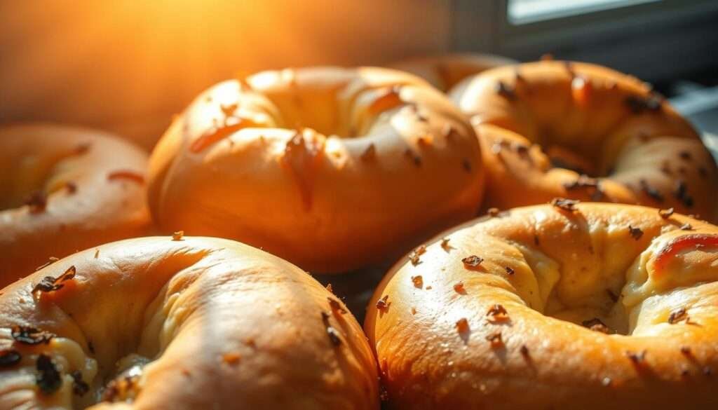 Freshly baked high-protein breakfast bagels, golden and inviting, with a delightful aroma wafting through the air. The close-up view showcases the tender, chewy interior, dotted with pockets of melted cheese and flecks of savory herbs. Sunlight streams in from an overhead window, casting a warm glow and creating enticing shadows that highlight the bagels' artisanal texture. The arrangement is simple yet compelling, drawing the viewer's attention to the nutritious appeal of these satisfying morning treats.