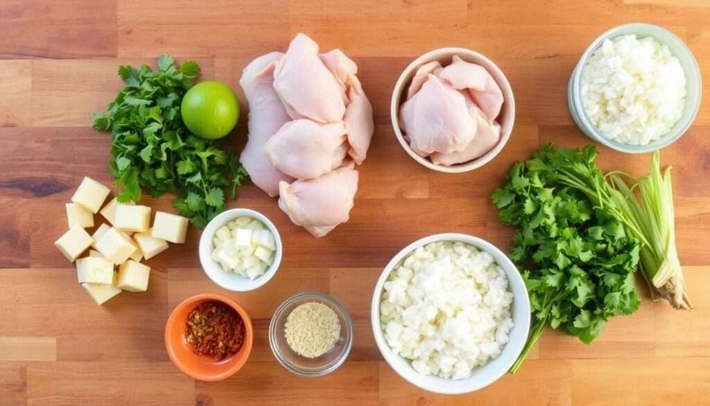 Ingredients for Street Corn Chicken Rice Bowl laid out on a wooden surface