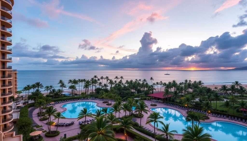 Kaanapali Alii resort exterior and beachfront view, offering spacious accommodations for couples in Maui