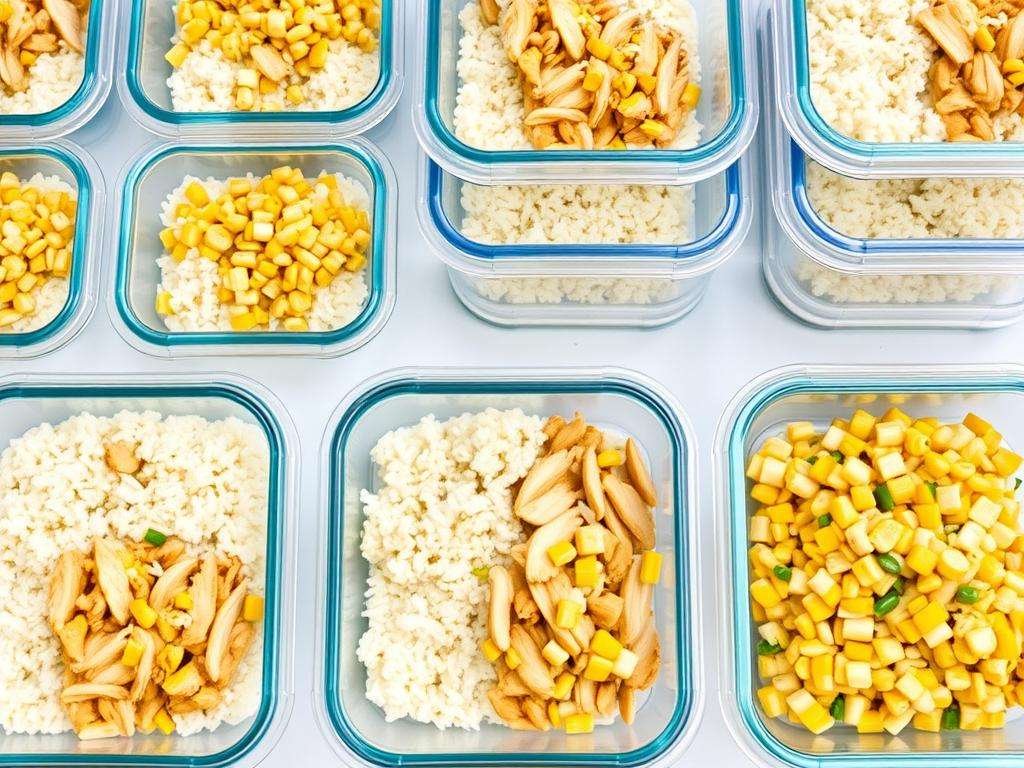 Meal prep containers with Street Corn Chicken Rice Bowl components