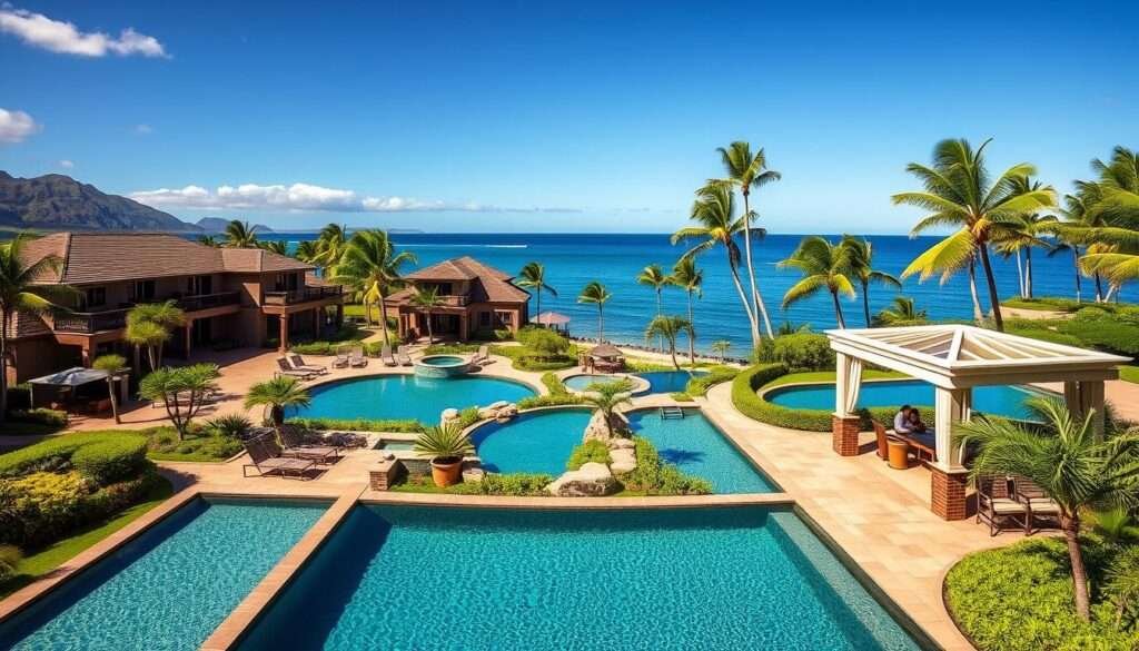 Montage Kapalua Bay resort view, featuring luxury villas for couples in Maui