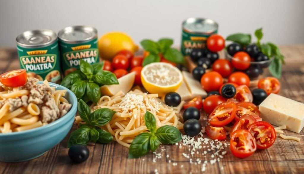 Neatly arranged assortment of high-protein tuna pasta salad ingredients on a rustic wooden table. In the foreground, a bowl of cooked pasta, cans of tuna, halved cherry tomatoes, and sliced black olives. In the middle ground, fresh basil leaves, a wedge of lemon, and a sprinkling of grated Parmesan cheese. The background features a simple, minimalistic setting with soft, natural lighting, creating a clean and appetizing atmosphere. The overall composition highlights the key components of a nutritious, protein-packed tuna pasta salad.