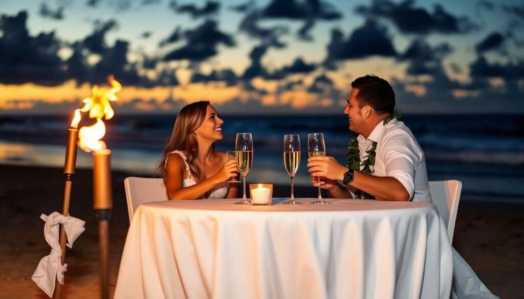Romantic couple enjoying sunset dinner on the beach in Maui