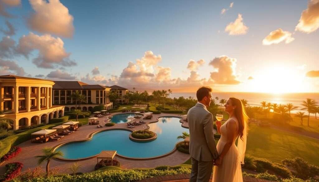 The Ritz-Carlton Kapalua resort view with ocean backdrop, a top beachfront resort for couples in Maui