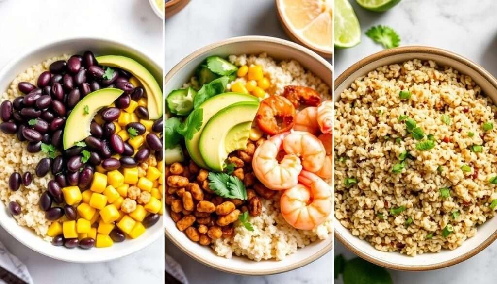 Three variations of Street Corn Chicken Rice Bowl with different ingredients