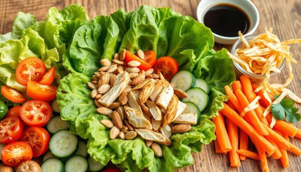a photo of various fresh salad ingredients arranged on a wooden table, photographed with a high-quality DSLR camera using natural lighting. In the foreground, there are crisp lettuce leaves, sliced cucumbers, juicy tomatoes, and crunchy carrots. In the middle ground, there are grilled chicken strips, sliced almonds, and crispy wonton strips. In the background, there are bowls of sesame dressing and soy sauce. The ingredients are arranged in a visually appealing and appetizing manner, conveying a sense of freshness, crunchiness, and vibrant flavors.